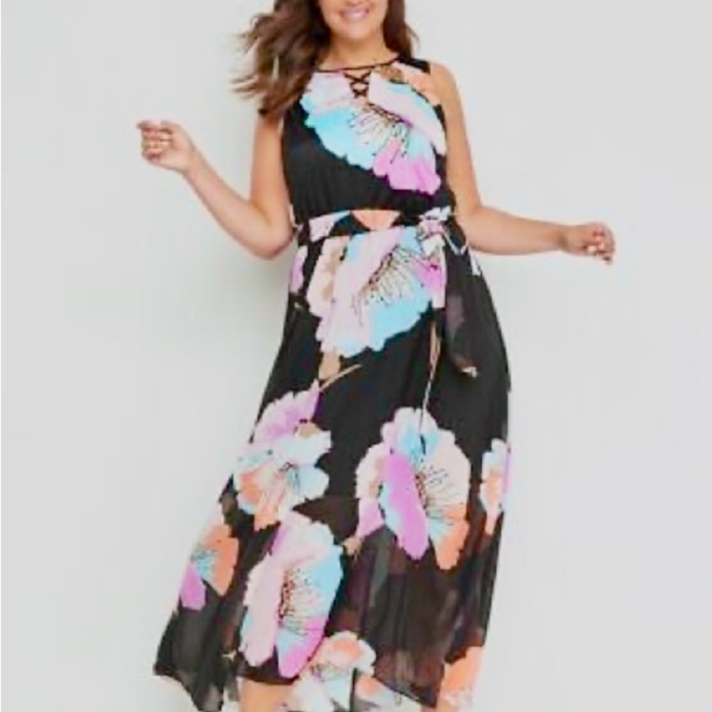 Lane Bryant Black Floral High Low Dress
